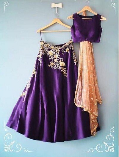 Plain Purple lehenga with embroidery and peach dupatta