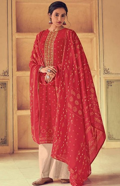 Red and Beige Bandhej suit