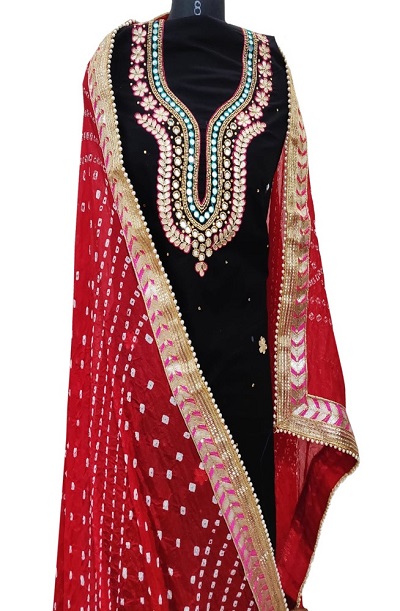 Red and Black Party Wear Bandhej Suit Material