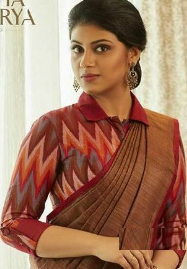 Shirt Collar Saree Blouse In Iikkat Print