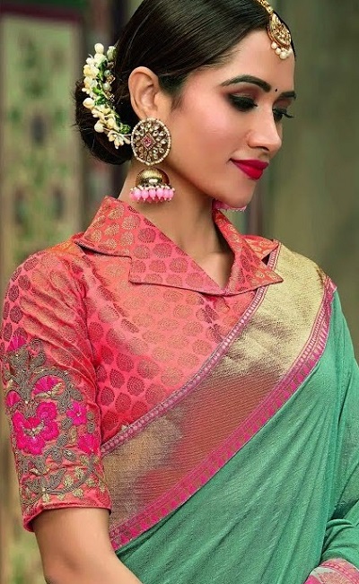 Stylish Short Collar Silk Saree Blouse Design