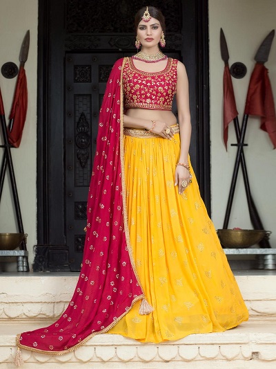 Yellow Lehenga with Red Choli Design