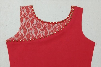 Stylish Patchwork Neckline With Golden Beads