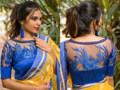 Blue Patchwork Lace Saree Blouse