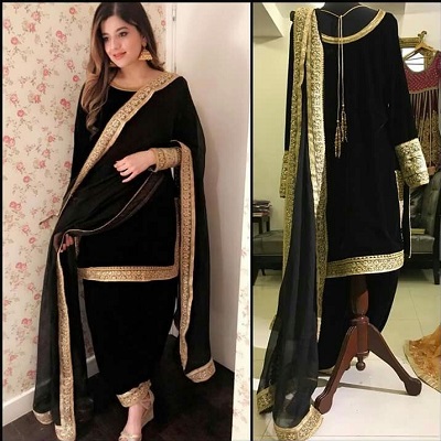 Black Velvet Punjabi Suit With Semi Patiala Salwar