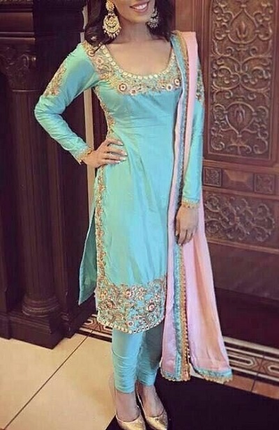 Blue Embroidered Punjabi Suit With Churidar