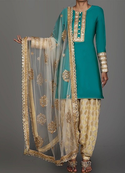 Blue and Gold Punjabi Style Party Wear Suit