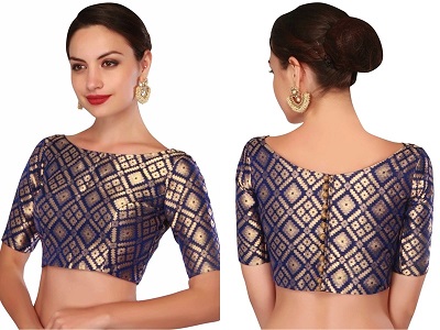 Brocade Golden Blue Saree Blouse Pattern