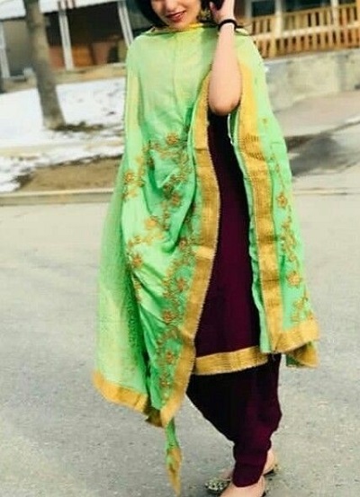 Dark Wine Suit With Green Dupatta