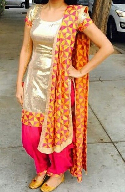 Golden Sequin Kurti With Phulkari Dupatta