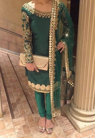 Green Silk Embellished Punjabi Suit Churidar And Dupatta Set