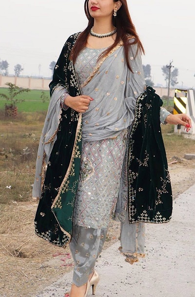 Grey Punjabi Embellished Suit With Dupatta