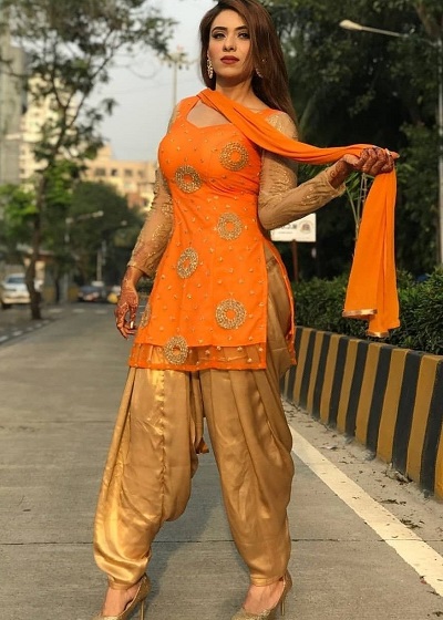 Orange Net Short Kurti With Golden Full Patiala Salwar
