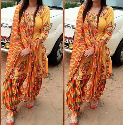 Printed Short Punjabi Suit In Multicolor