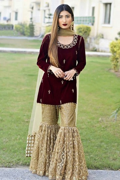 Short Velvet Kurti With Sharara