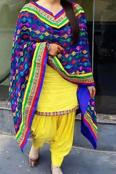 Simple Cotton Punjabi Suit With Blue Phulkari Dupatta