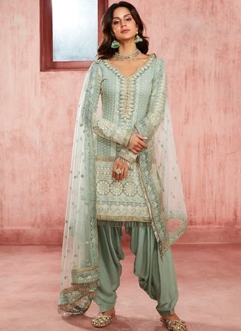Thread Embroidered Punjabi Short Suit With Net Embellished Dupatta