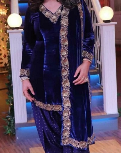 Velvet Blue Party Wear Short Salwar Suit