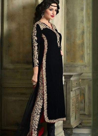 Velvet Long Kurti With Straight Fit Brocade Pants