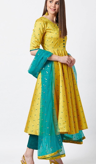 A line dotted Yellow Kurti with net Blue Dupatta