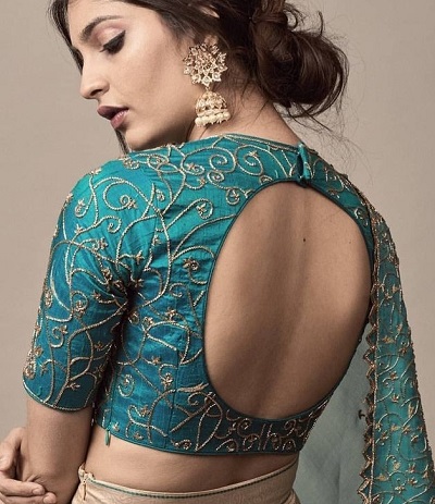 Blue Embroidered Silk Blouse With Round Cut