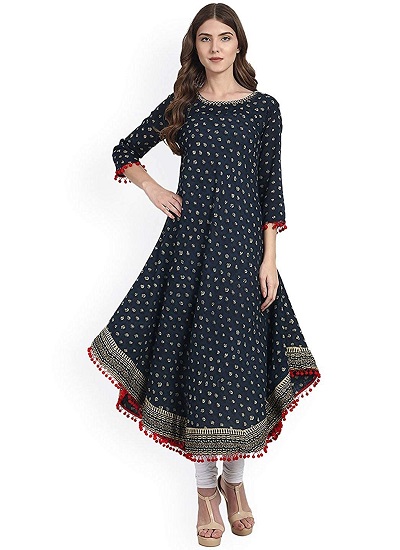 Jaipur Kurti Women Blue & Pink Woven Design A-Line Kurti - Absolutely Desi