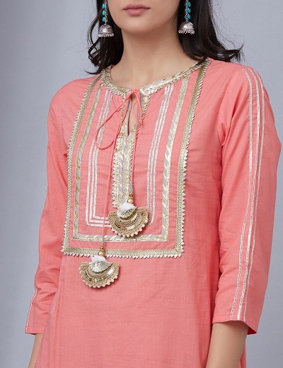 Gota Patti Embellished Kurti Front Neck Design