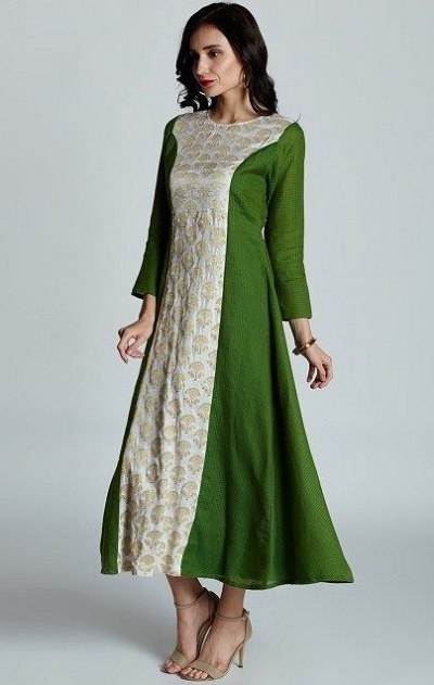 Green And Beige Panelled A Line Kurti Pattern