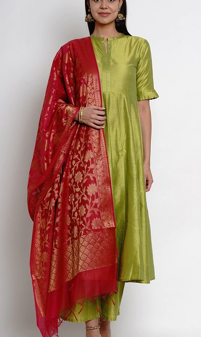Green Silk Anarkali Dress With Red Dupatta