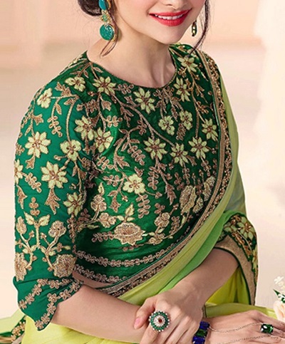 Green heavy embroidered silk blouse