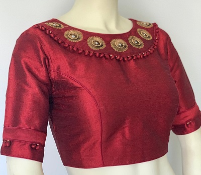 Maroon Silk blouse with embellished neckline