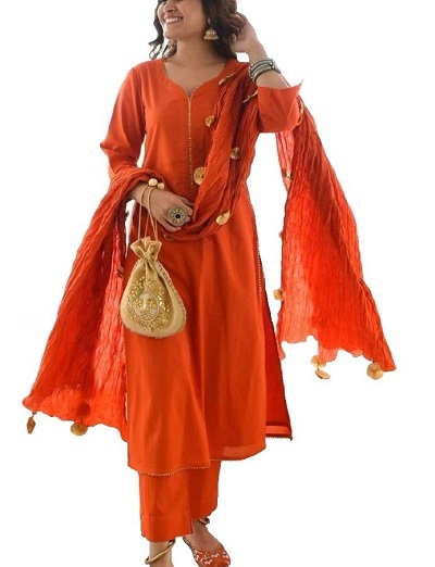 Orange A Line Cotton Suit Set