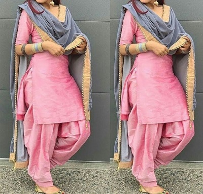 Pink Punjabi Suit with Grey Beaded Border Dupatta