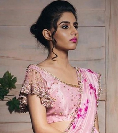 Pink embellished Silk blouse with flared sleeves