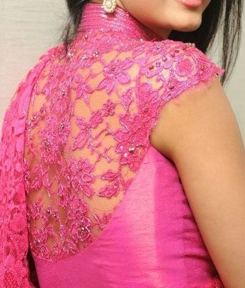 Pink high neck patch work lace blouse