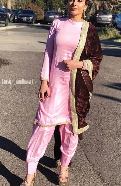 Pink silk Punjabi Suit with velvet dupatta