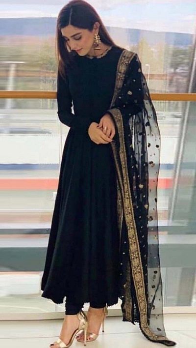Plain Black Anarkali With Net Embellished Dupatta