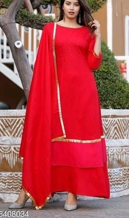 Plain Red Palazzo Suit Set with Net Dupatta