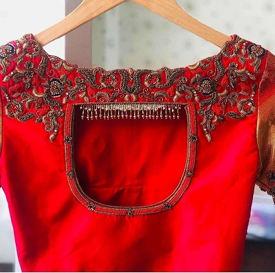 Red stylish embroidered Silk blouse design