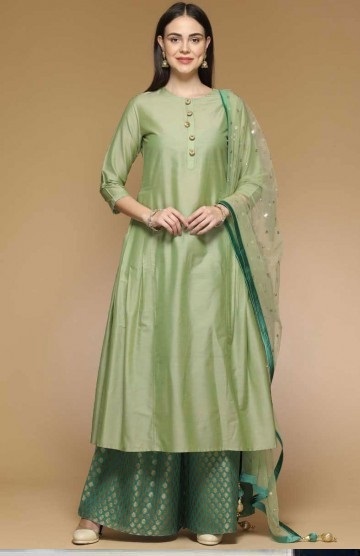 Silk And Brocade Green Plain Salwar Kurta