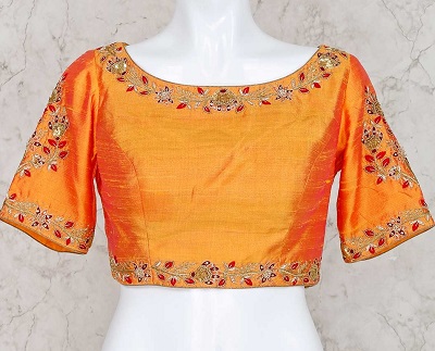 Silk embroidered Orange blouse for parties