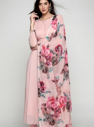 Straight Fit Pink Suit With Floral printed Dupatta