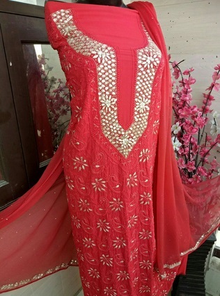 Unstitched Red suit with Gota design