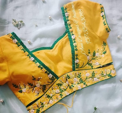 Yellow And Green Embroidered Blouse Design