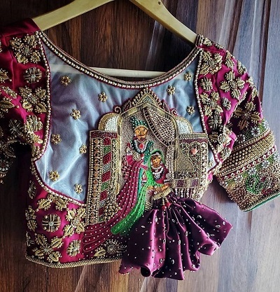 Bridal Wine Colored Silk Blouse With Heavy Embroidery Work