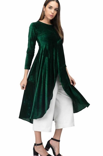 Dark green high low pattern designer velvet kurti