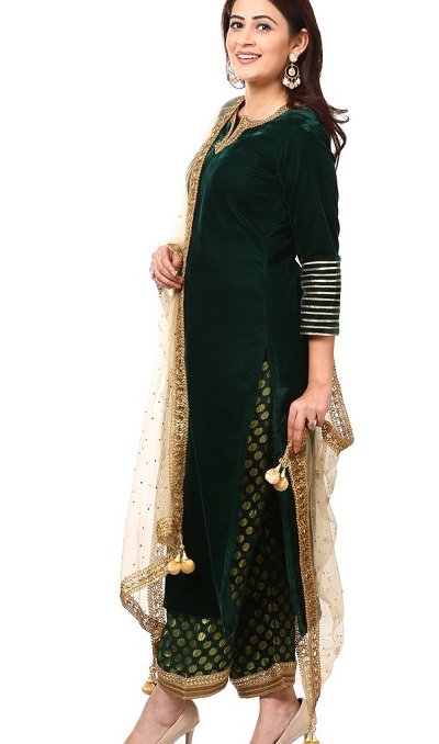 Dark green velvet kurti With brocade pants