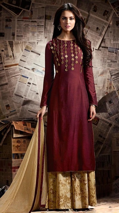 Designer Maroon And Gold Long Suit Sharara For Parties