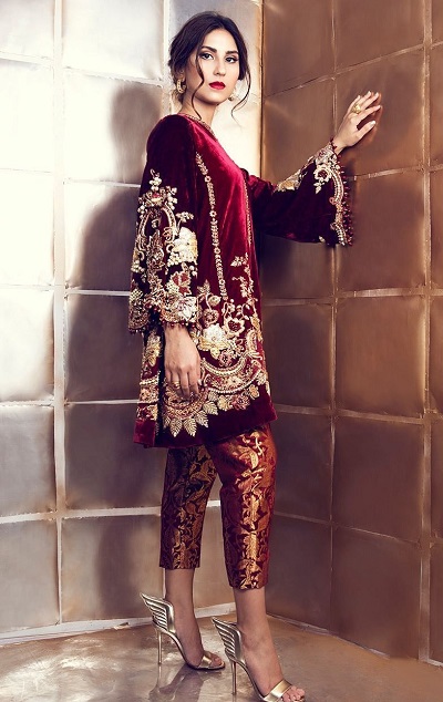 Embroidered Velvet kurti with Bell sleeves