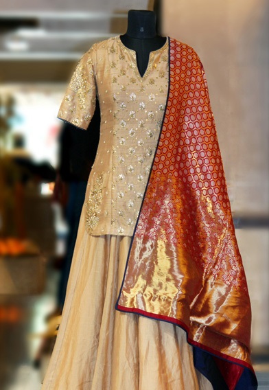 Golden short velvet kurta with skirt